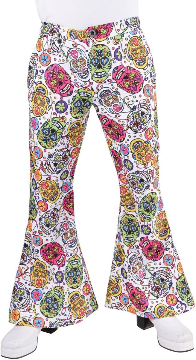 Spaans & Mexicaans Kostuum | Hippie Broek Day Of The Dead Grijnzende Schedels Man | Medium | Halloween | Verkleedkleding